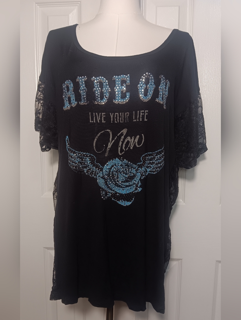 Liberty Wear Black Lace-Sleeve 'Ride On' Graphic Scoop Neck Tee W/ Embellishment
